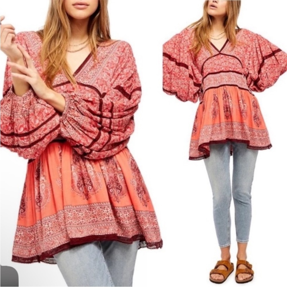 Free People Luna Scarf Print Tunic Dress Size Small - Red Combo - Picture 2 of 12